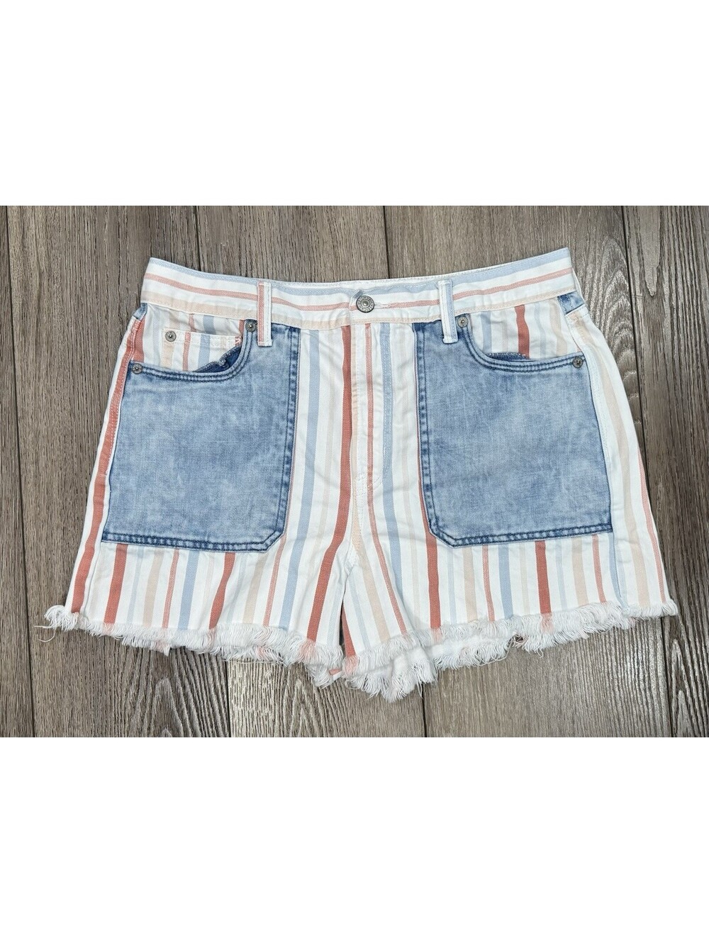 American Eagle Shorts Womens 10High Waist Striped Colorful Denim Raw Frayed Hem